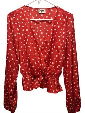 Show Me Your Mumu Boho Surplice Peplum Blouse Long Sleeve Floral Wrap Red Small